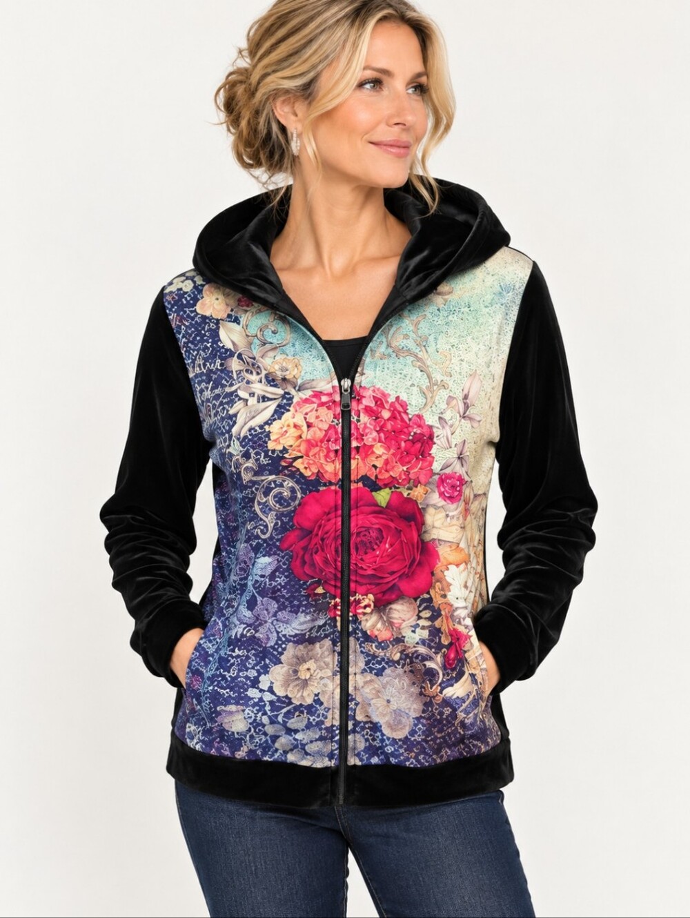 Coldwater Creek Velvet Zip Hoodie Whimsigoth Artsy Romantic Floral Front Sz S